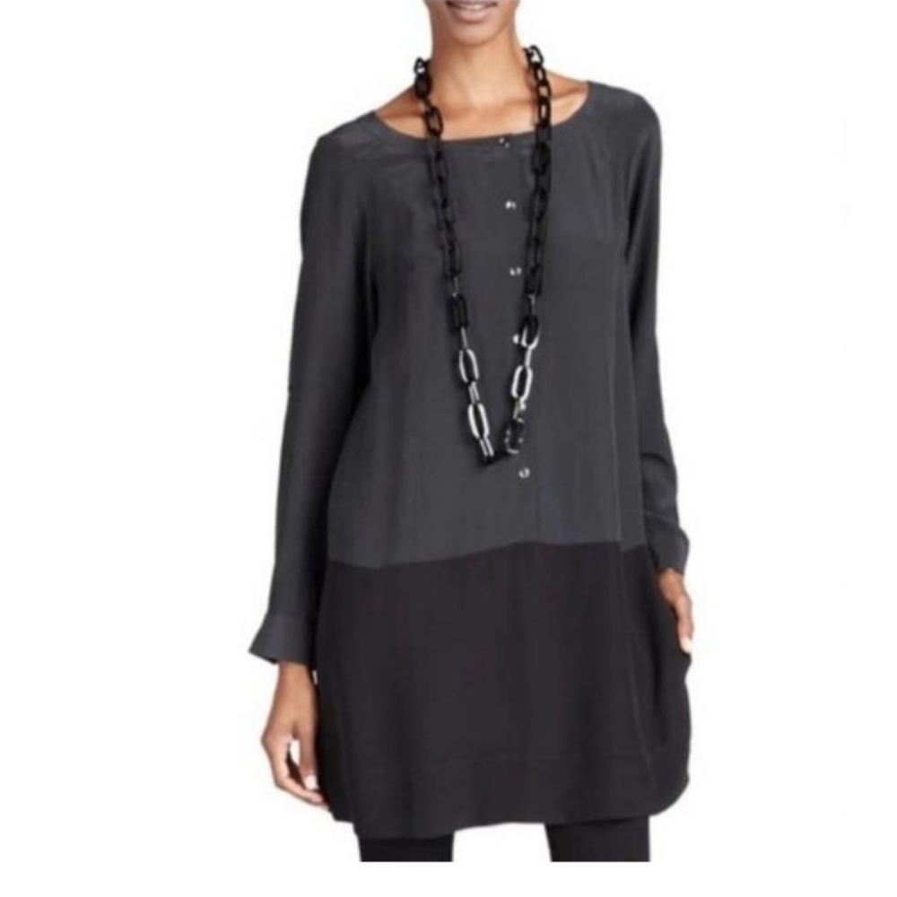 NEW Eileen Fisher Gray & Black Colorblock Silk Shift Dress